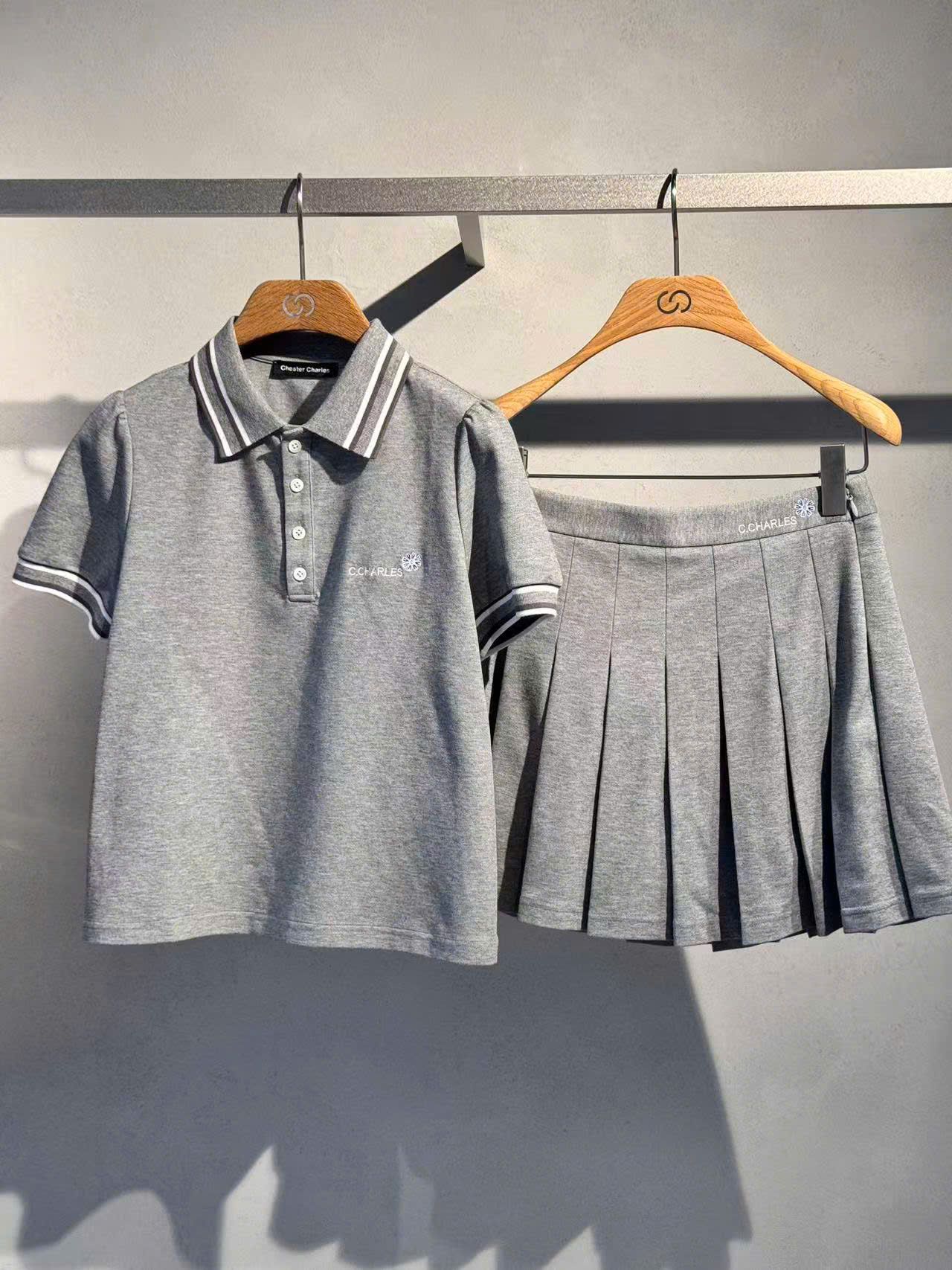 Áo Polo xám phối sọc - cúc trắng (set)