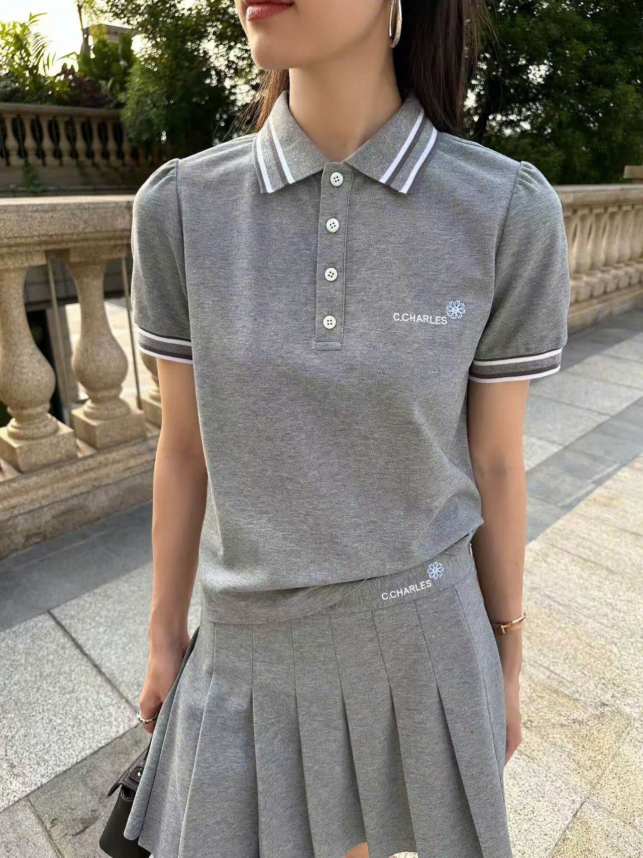 Áo Polo xám phối sọc - cúc trắng (set)