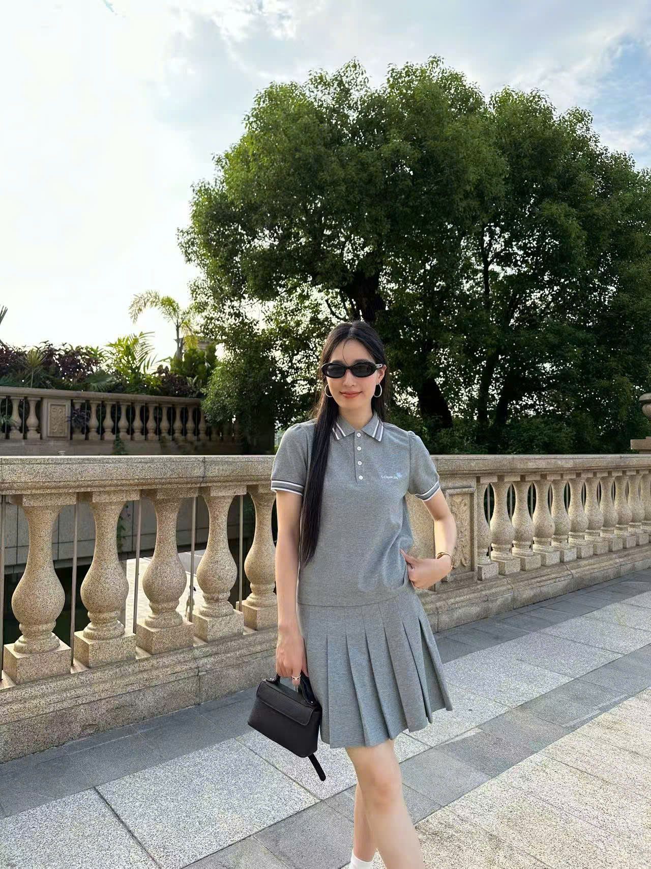 Áo Polo xám phối sọc - cúc trắng (set)