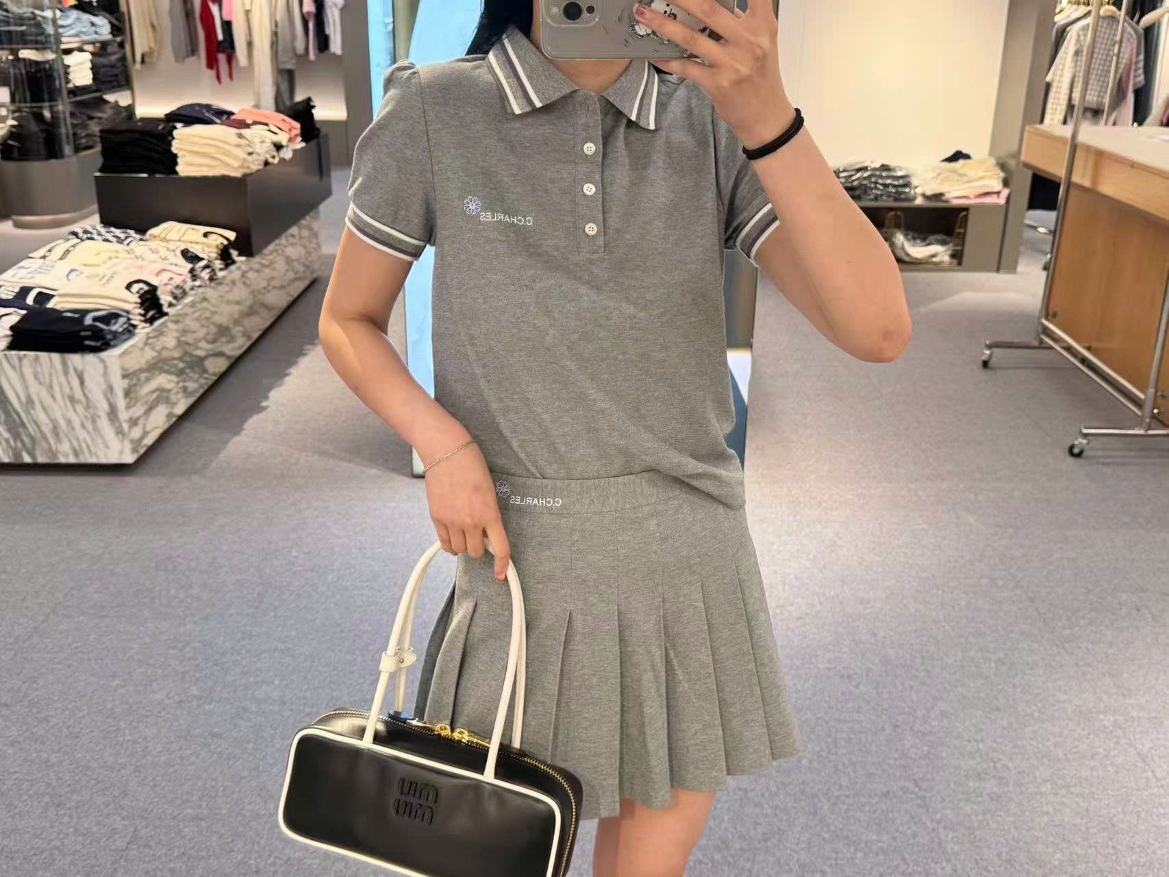 Áo Polo xám phối sọc - cúc trắng (set)