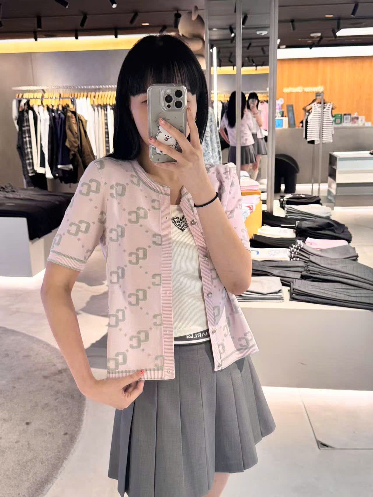Áo CDG hồng ngắn tay full logo CC xám