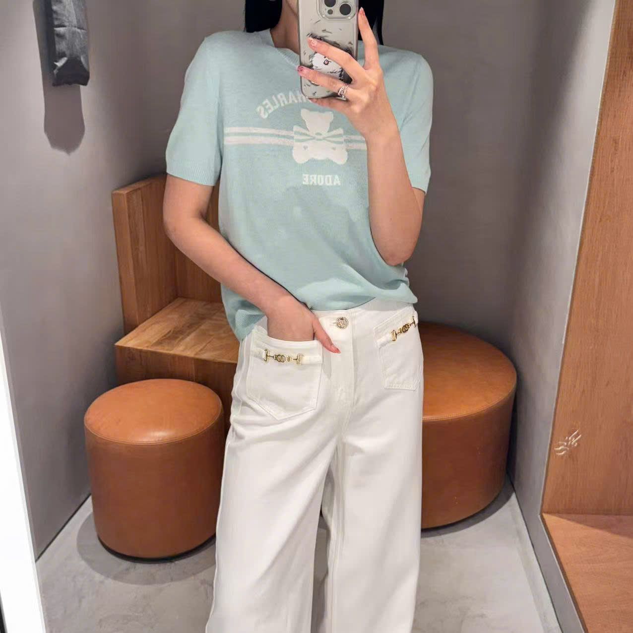 Áo Xanh ngọc chữ CC ngực - gấu ADORE trắng