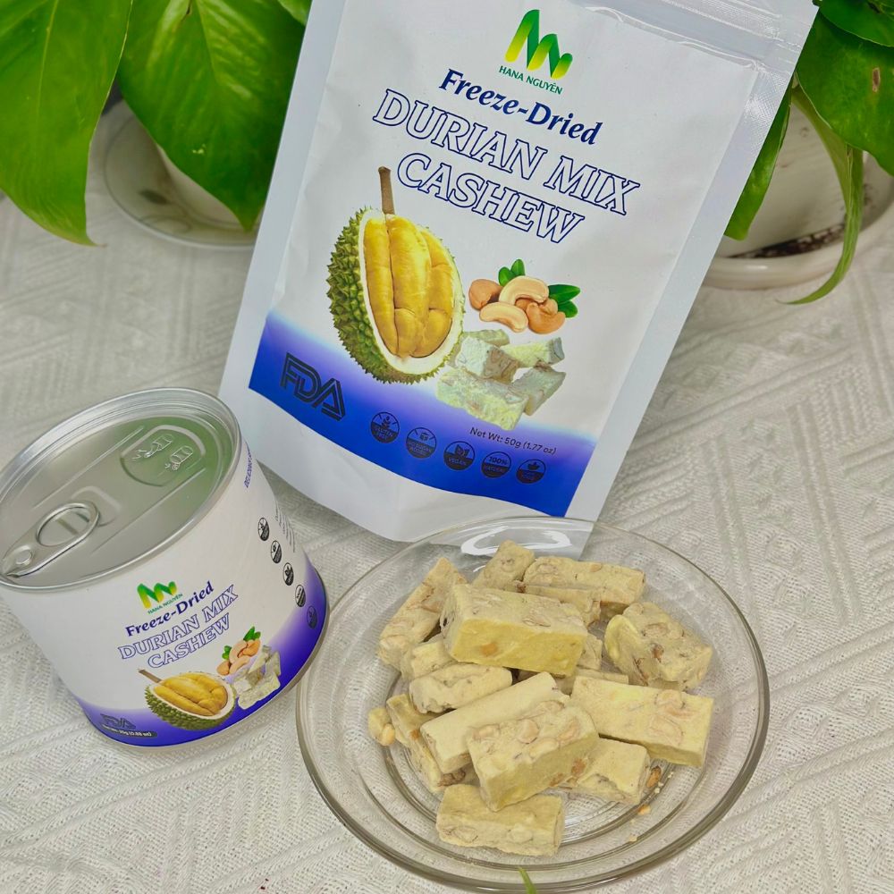 Sầu riêng mix hạt điều sấy thăng hoa dạng lon 50g, độc quyền thương hiệu HANA NGUYÊN