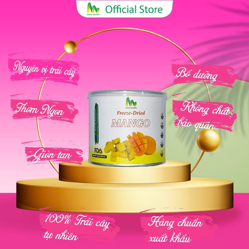Xoài sấy thăng hoa dạng lon 25g 50g, độc quyền thương hiệu HANA NGUYÊN