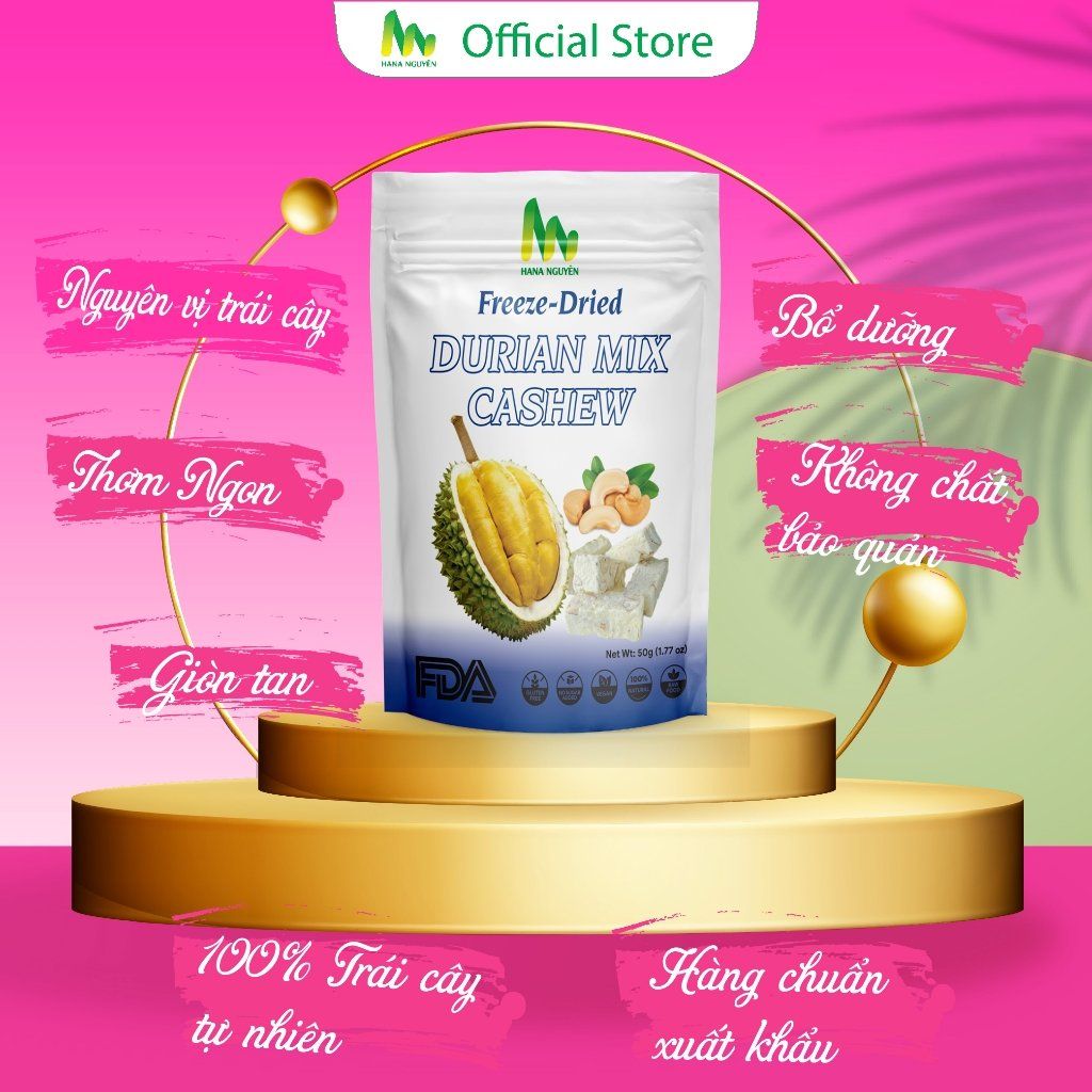 Sầu riêng mix hạt điều sấy thăng hoa 50g Thương Hiệu HANA NGUYÊN