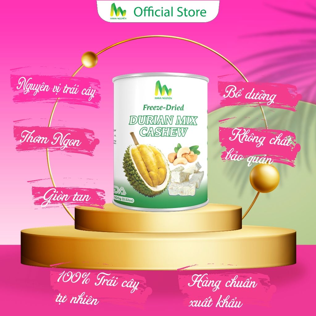 Sầu riêng mix hạt điều sấy thăng hoa dạng lon 50g, độc quyền thương hiệu HANA NGUYÊN