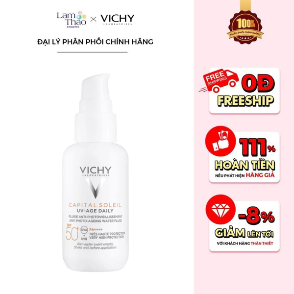 Gel Chống Nắng Bảo Vệ Da, Hỗ Trờ Ngừa Thâm Nám Nếp Nhăn Do Tia UV Vichy Laboratoires Captial Soleil UV-Age Daily Anti Photo-Ageing Water Fluid ( Mẫu Mới )
