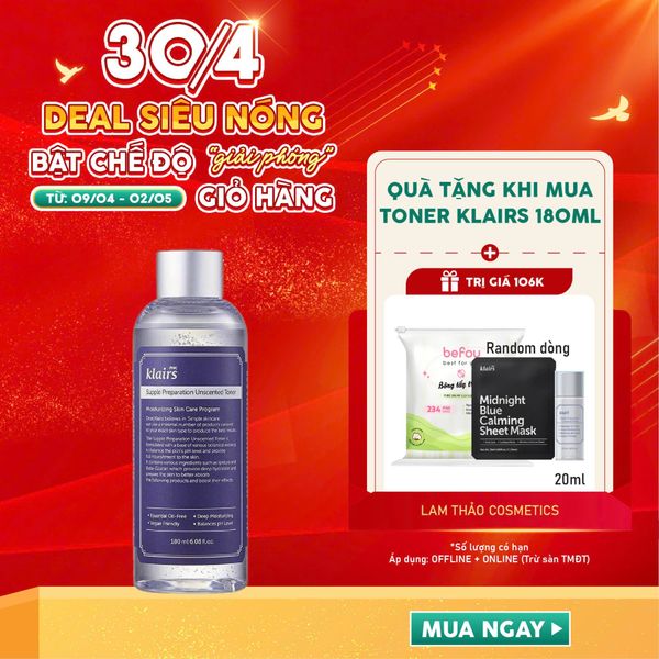 [DEAL 09/4 - 02/5 MUA SIZE 180ML TẶNG 1 BÔNG TT BEFOU 234M + 1 MẶT NẠ KLAIRS + 1 TONER KLAIRS 20ML] Nước Hoa Hồng Không Mùi Klairs Supple Preparation Unscented Toner
