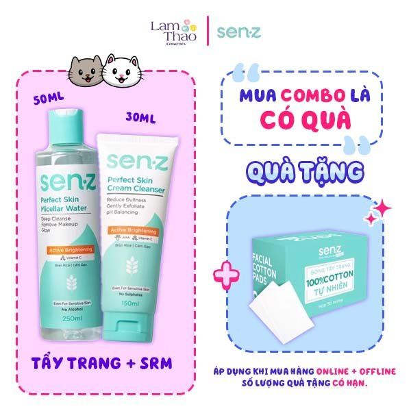 [MUA COMBO NTT + SRM MINSIZE CÁM GẠO TẶNG BTT SENZ] Sữa Rửa Mặt Chiết Xuất Cám Gạo Dưỡng Sáng Da Senz Perfect Skin Cream Cleanser