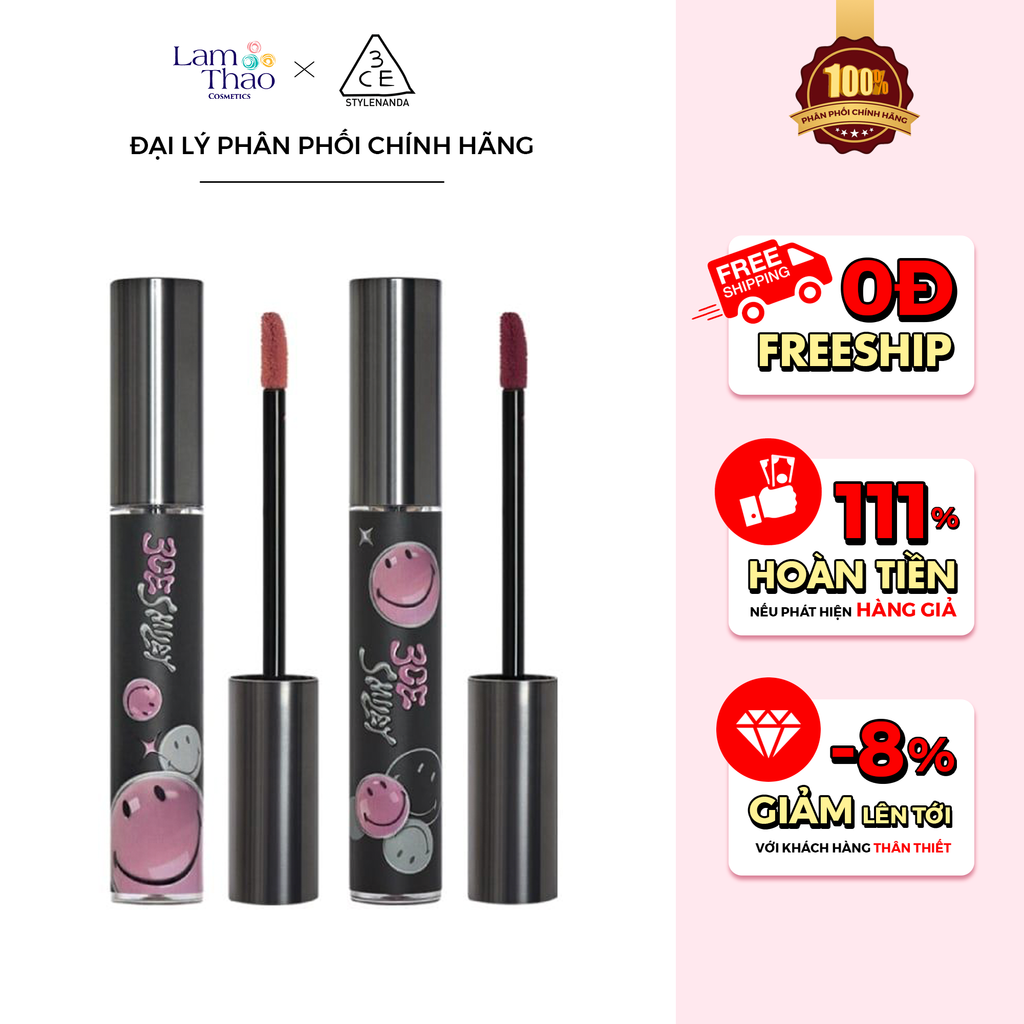 [Mua 02 Son 3CE fullsize Bất Kỳ Tặng 01 Kẹp Tóc + 01 Son 3CE Mini] Son Kem Nhung Mịn Lỳ 3CE Velvet Lip Tint Smiley Edition