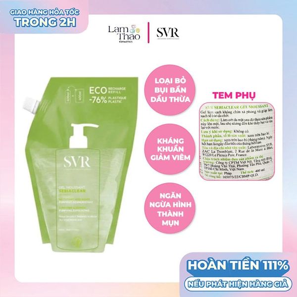 Gel Rửa Mặt Không Chứa Xà Phòng Cho Da Dầu Dạng Túi Refill SVR Sebiaclear Gel Moussant