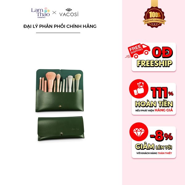 Bọ Cọ Trang Điểm Cá Nhân 12 Cây & Ví Xanh Rêu Vacosi Centrepiece Brush Set