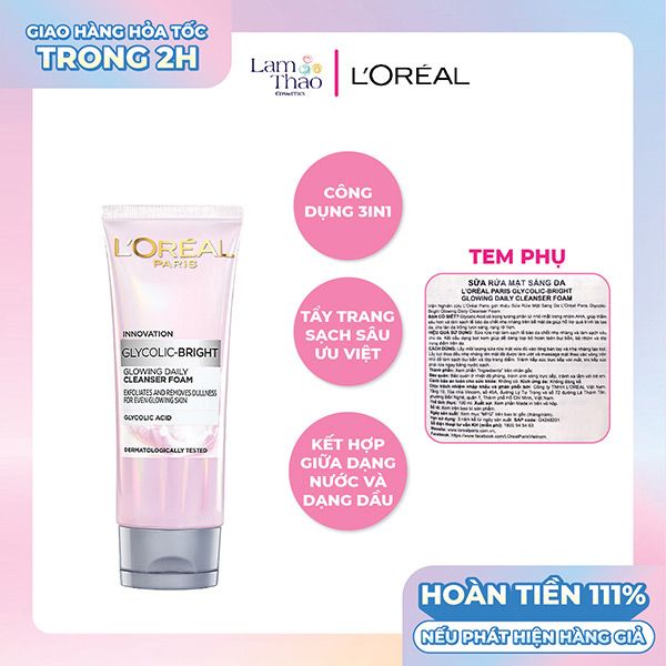 Sữa Rửa Mặt Sáng Da Loreal Paris Glycolic-Bright Glowing Daily Cleanser Foam