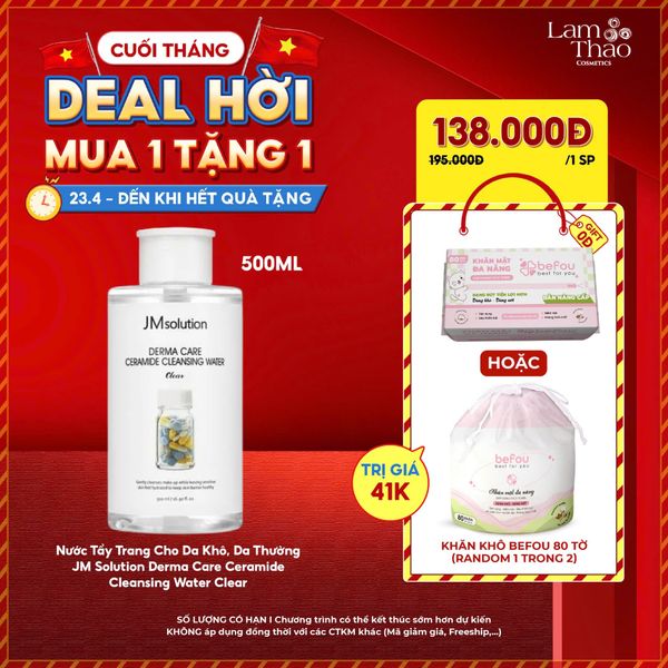 [TẶNG 1 KHĂN RÚT BEFOU 80 MIẾNG] Nước Tẩy Trang Cho Da Khô, Da Thường JM Solution Derma Care Ceramide Cleansing Water Clear