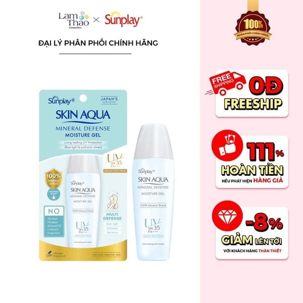 [HĐ SUNPLAY 199K TẶNG 1 BTT BEFOU 234M + TÚI CANVAS] Gel Chống Nắng Vật Lý Bảo Vệ Da Dưỡng Ẩm Cho Da Khô Sunplay Skin Aqua Mineral Defense Moisture Gel SPF35 PA+++