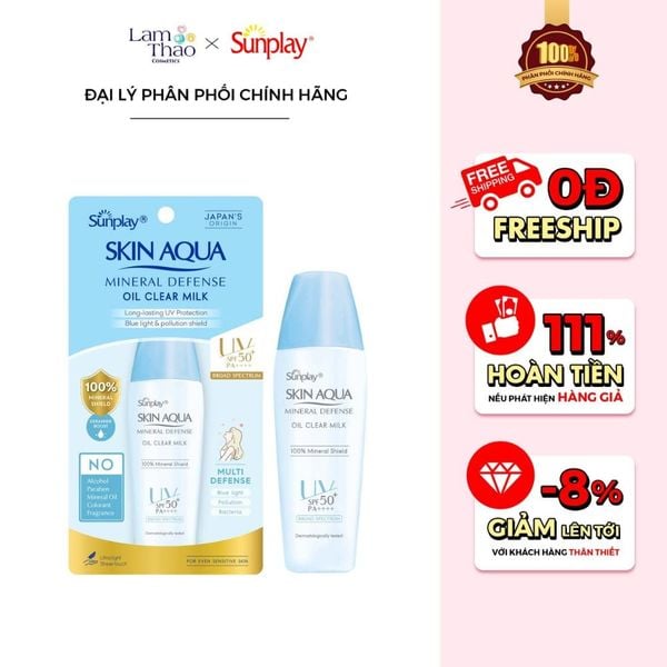 [HĐ SUNPLAY 199K TẶNG 1 BTT BEFOU 234M + TÚI CANVAS] Sữa Chống Nắng Vật Lý Bảo Vệ Da Kiềm Dầu Sunplay Skin Aqua Mineral Defense Oil Clear Milk SPF50+ PA++++