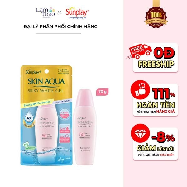 [HĐ SUNPLAY 199K TẶNG 1 BTT BEFOU 234M + TÚI CANVAS] Gel Chống Nắng Hỗ Trợ Dưỡng Da Sáng Mịn Dành Cho Mọi Loại Da Sunplay Skin Aqua Silky White Gel SPF50+ PA++++
