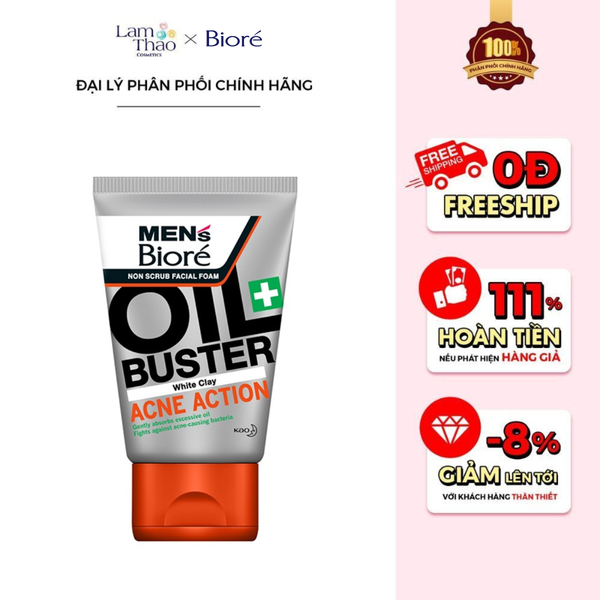 Sữa Rửa Mặt Cho Nam Sạch Nhờn Giảm Mụn Bioré Oil Buster White Clay Acne Action