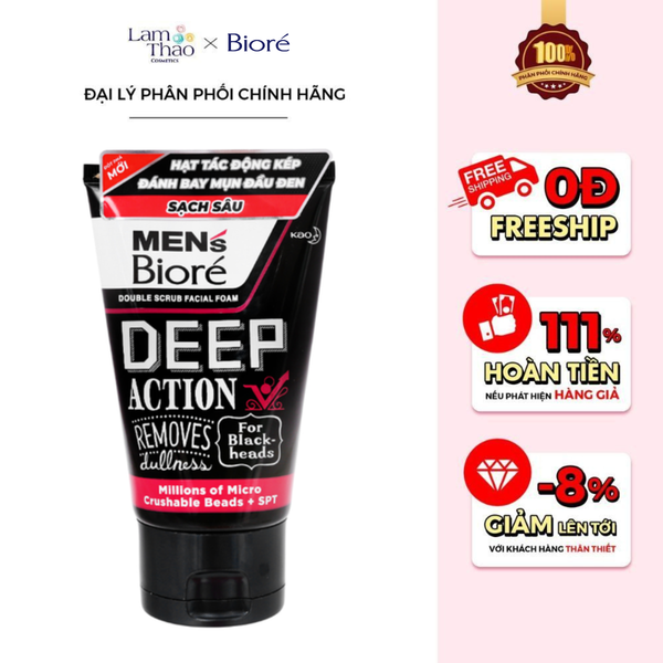Sữa Rửa Mặt Sạch Sâu Đánh Bay Mụn Đầu Đen Men's Bioré Deep Action Double Scrub Facial Foam