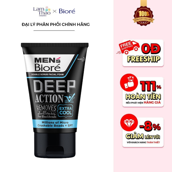 Sữa Rửa Mặt Cho Nam Hạt Tác Động Kép Mát Lạnh Bioré Deep Action Extra Cool Double Scrub Facial Foam