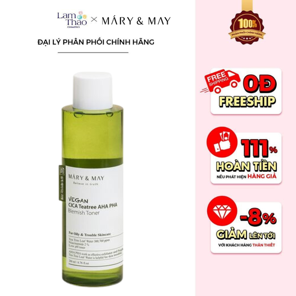 Nước Hoa Hồng Thuần Chay Ngăn Ngừa Mụn Mary & May Vegan Cica Tea Tree AHA PHA Blemish Toner