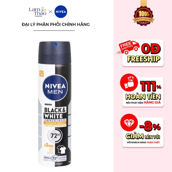 Xịt Khử Mùi Ngăn Vệt Ố Vàng Nivea Men Black & White Invisible Ultimate Impact Long Lasting Protection 72H Active