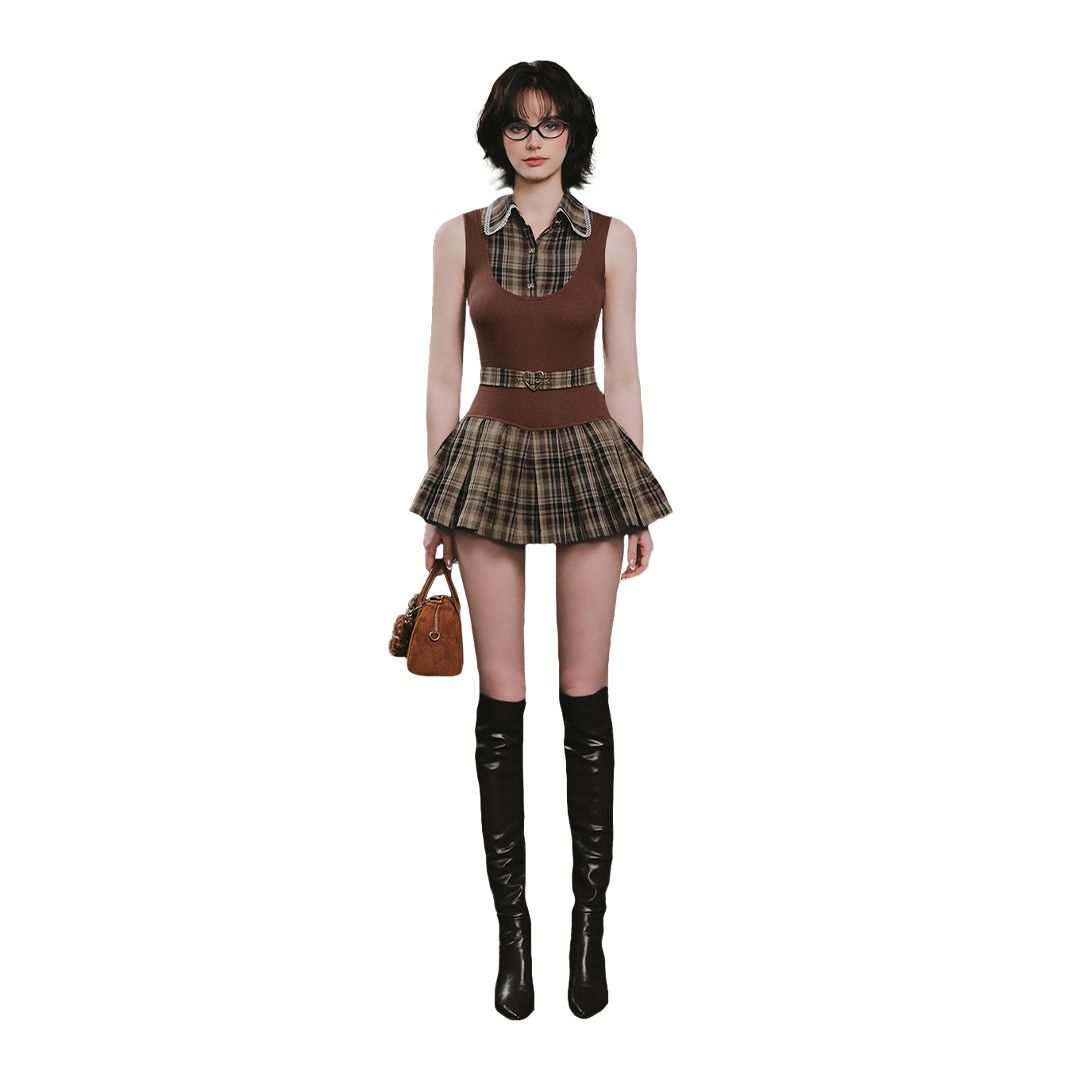 Đầm Cổ Sơ Mi Caro Tầng Xếp Ly Audrey Dress AIAI OFFICIAL Kèm Belt Rời