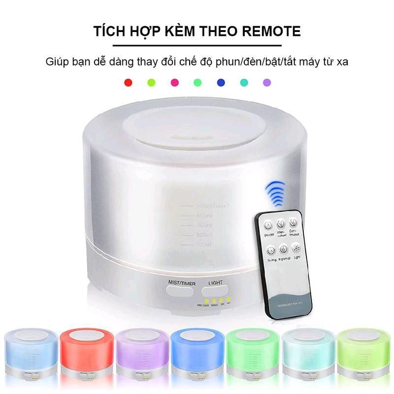 Máy Xông Tinh Dầu Phun Xương 500ml Tặng Lọ tinh Dầu 10ml Có Điều khiển Từ Xa, Đèn LED 7 Màu, Phun Xương Khuếch Tán Tinh Dầu