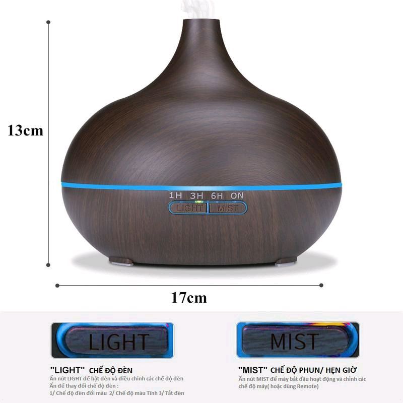 Máy Xông Tinh Dầu 550ml Tặng Tinh Dầu 10ml Vân Gỗ Bí Ngô Điều Khiển Từ Xa - Đèn LED 7 Màu Có Hẹn Giờ