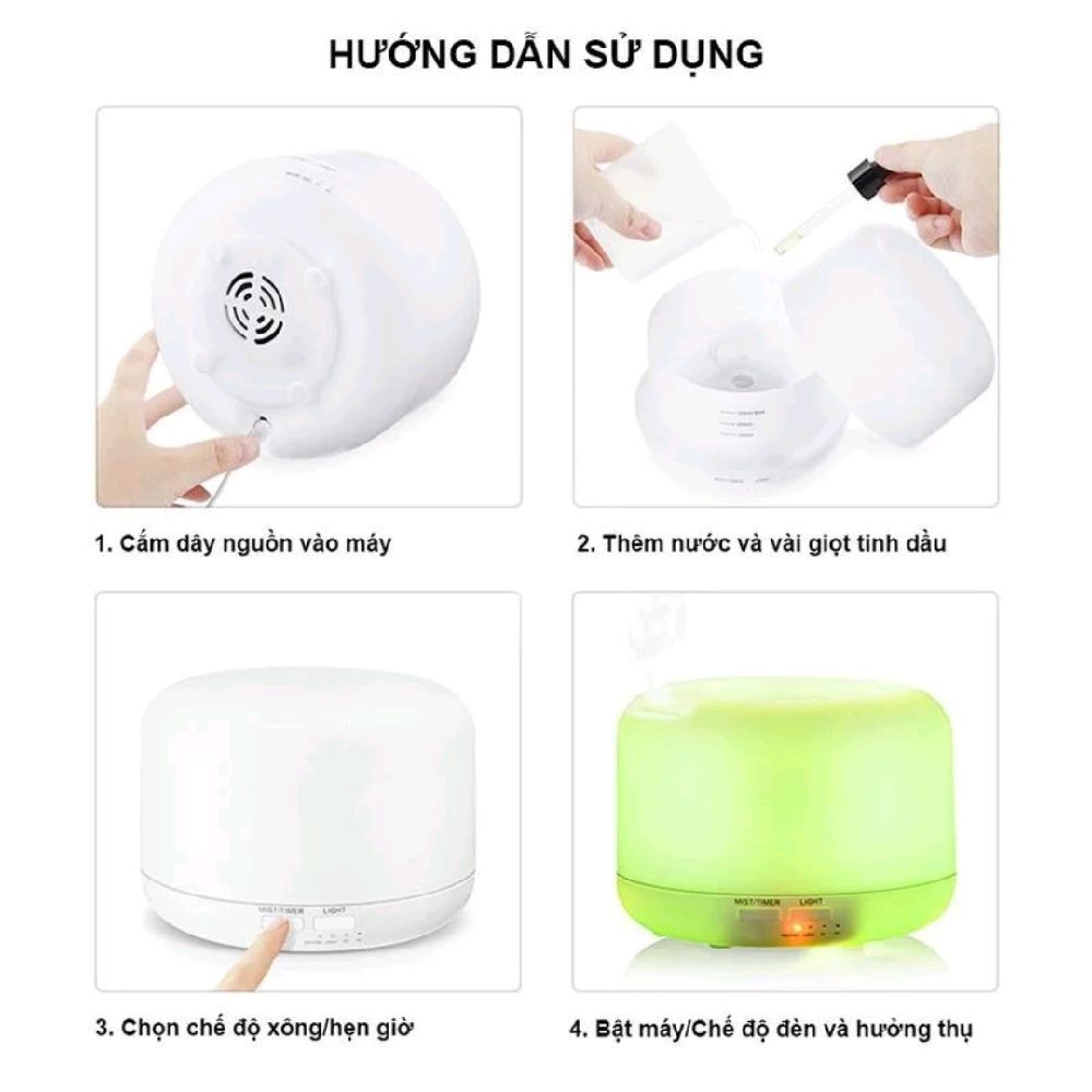 Máy Xông Tinh Dầu Phun Xương 500ml Tặng Lọ Tinh Dầu 10ml Có Điều Khiển, Đèn LED 7 Màu Tạo Độ Ẩm Khuếch Tán