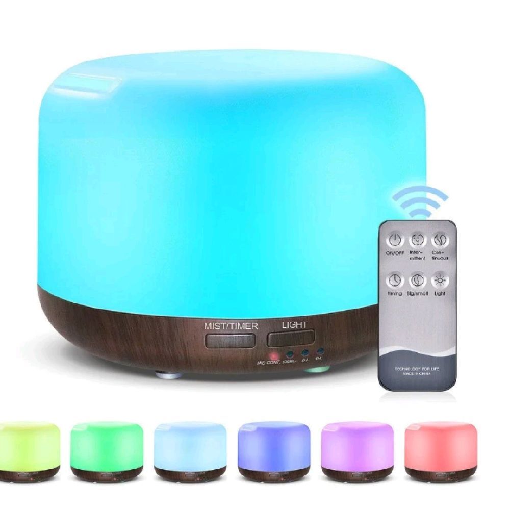 Máy Xông Tinh Dầu Phun Xương 500ml Tặng Lọ Tinh Dầu 10ml Có Điều Khiển, Đèn LED 7 Màu Tạo Độ Ẩm Khuếch Tán
