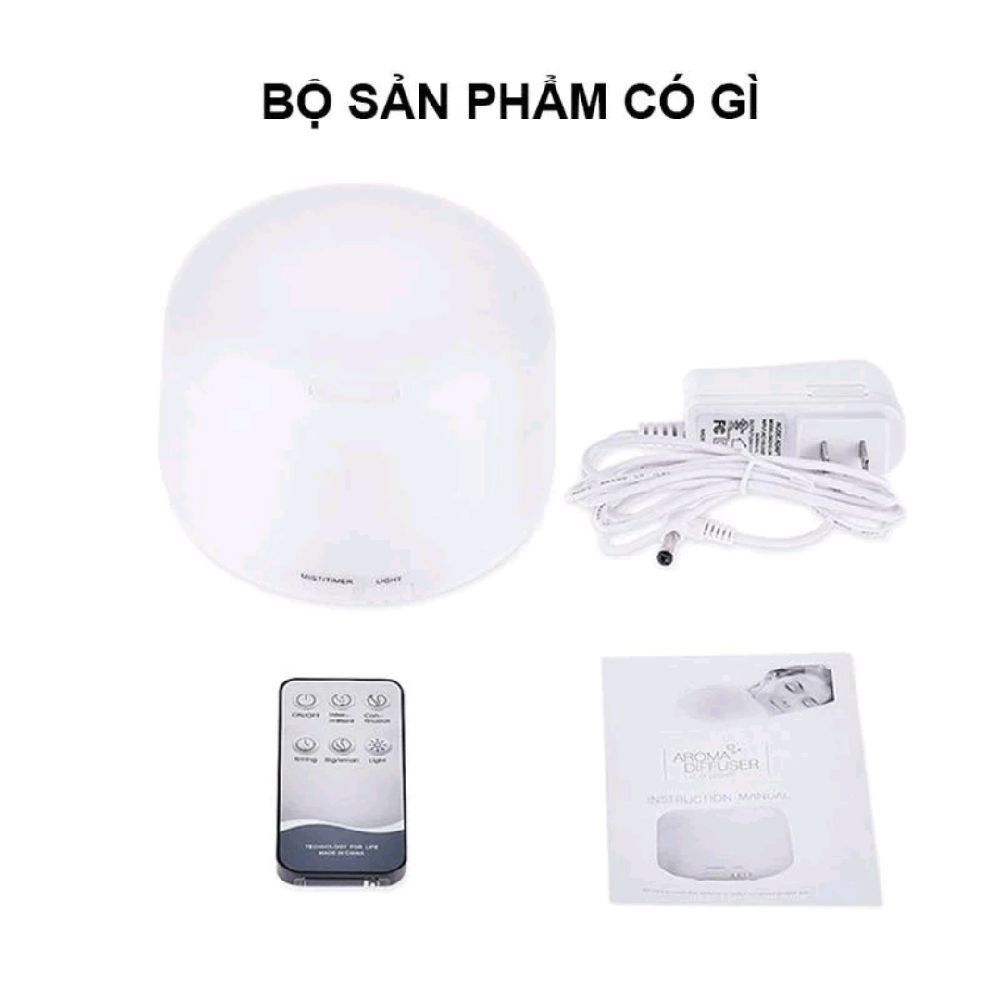 Máy Xông Tinh Dầu Phun Xương 500ml Tặng Lọ Tinh Dầu 10ml Có Điều Khiển, Đèn LED 7 Màu Tạo Độ Ẩm Khuếch Tán