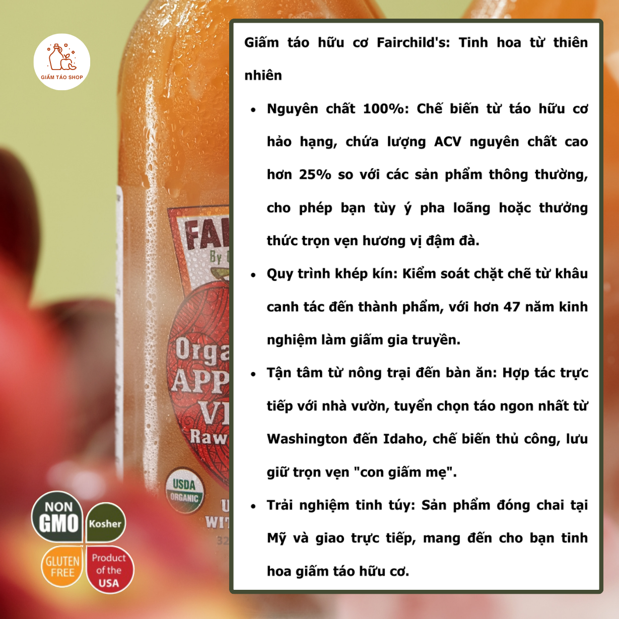 Giấm táo Hữu cơ Nguyên chất Không lọc FairChild's (Mỹ) dung tích 473ml