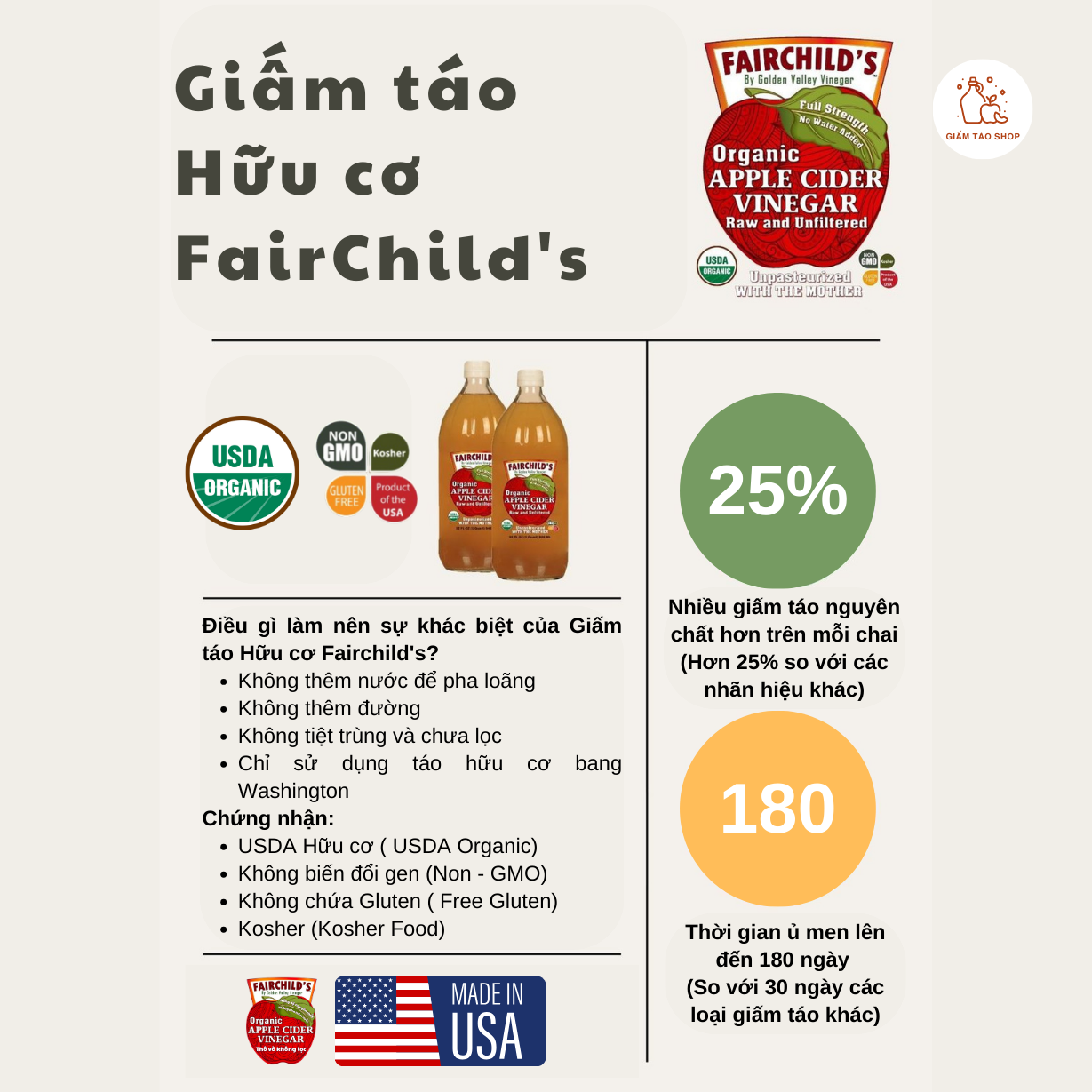 Giấm táo Hữu cơ Nguyên chất Không lọc FairChild's (Mỹ) dung tích 473ml