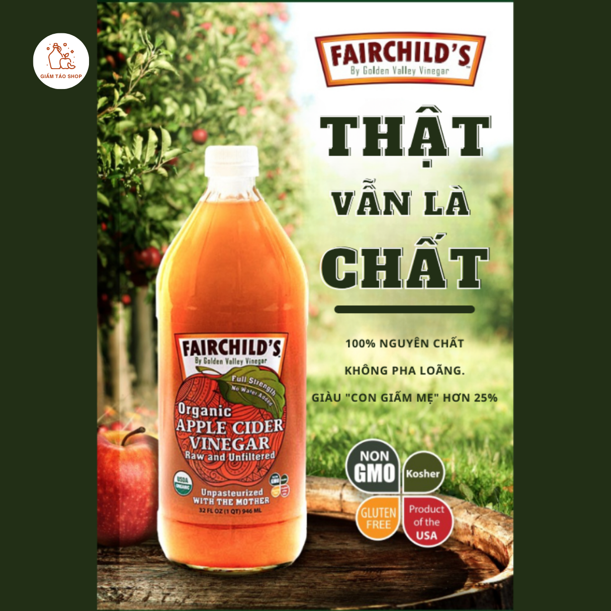 Giấm táo Hữu cơ Nguyên chất Không lọc FairChild's (Mỹ) dung tích 473ml