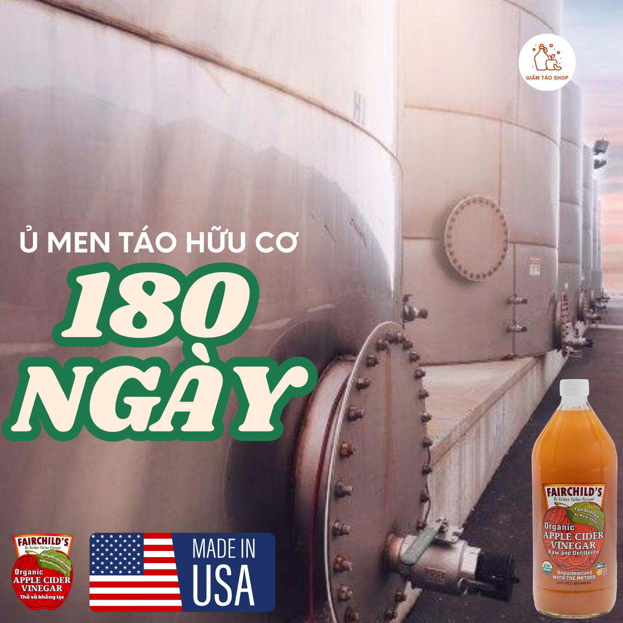 Giấm táo Hữu cơ Nguyên chất Không lọc FairChild's (Mỹ) dung tích 473ml