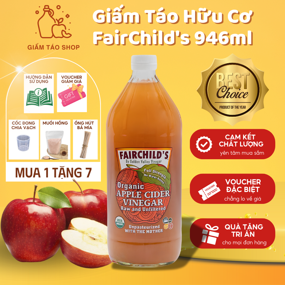 Giấm táo Hữu cơ Nguyên chất Không lọc FairChild's (Mỹ) 946ml