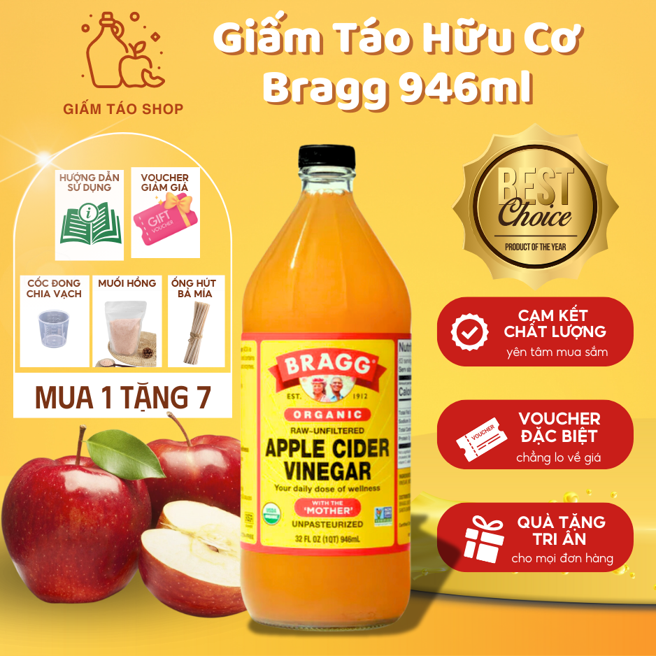 Giấm táo Bragg (Mỹ) 946ml - Giấm mẹ tự nhiên, hỗ trợ sức khỏe toàn diện