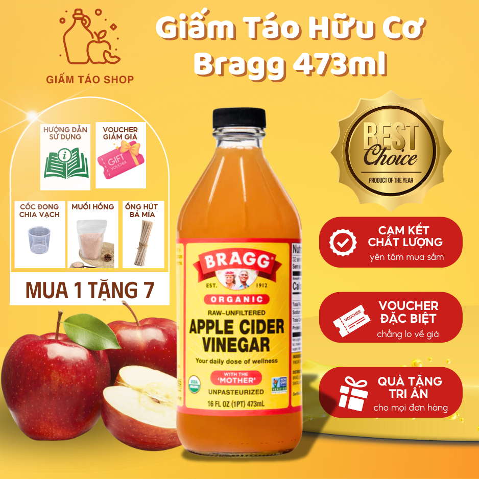 Giấm táo Bragg (Mỹ) 473ml - Giấm mẹ tự nhiên, hỗ trợ sức khỏe toàn diện