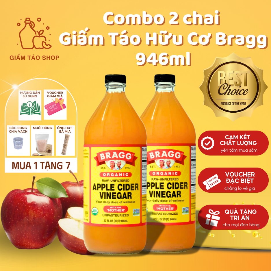 Giấm táo Bragg (Mỹ) 946ml - Giấm mẹ tự nhiên, hỗ trợ sức khỏe toàn diện