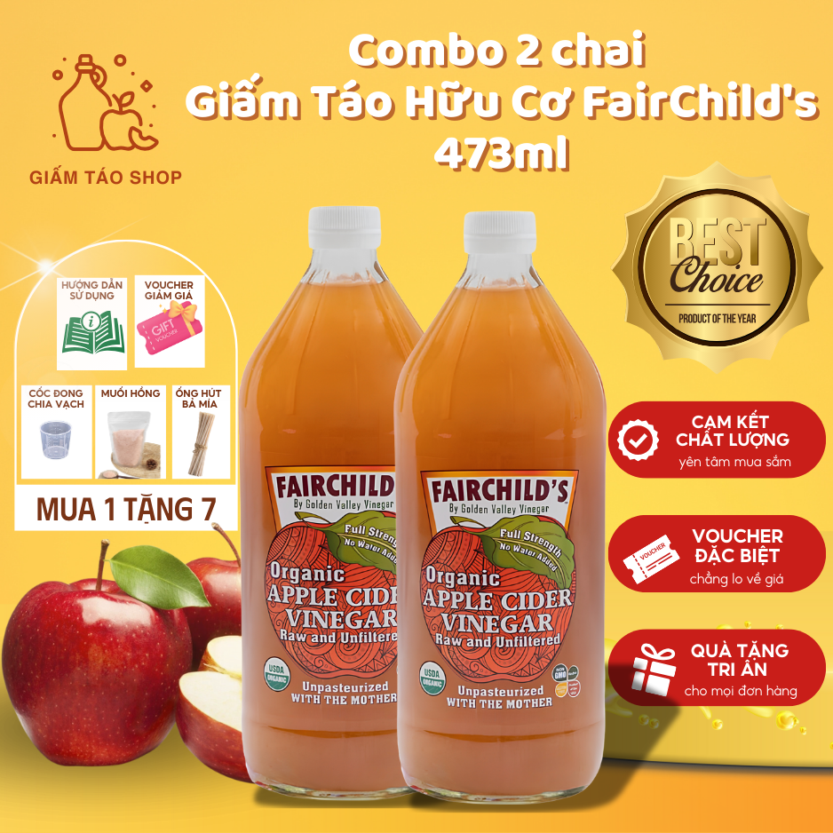 Giấm táo Hữu cơ Nguyên chất Không lọc FairChild's (Mỹ) dung tích 473ml