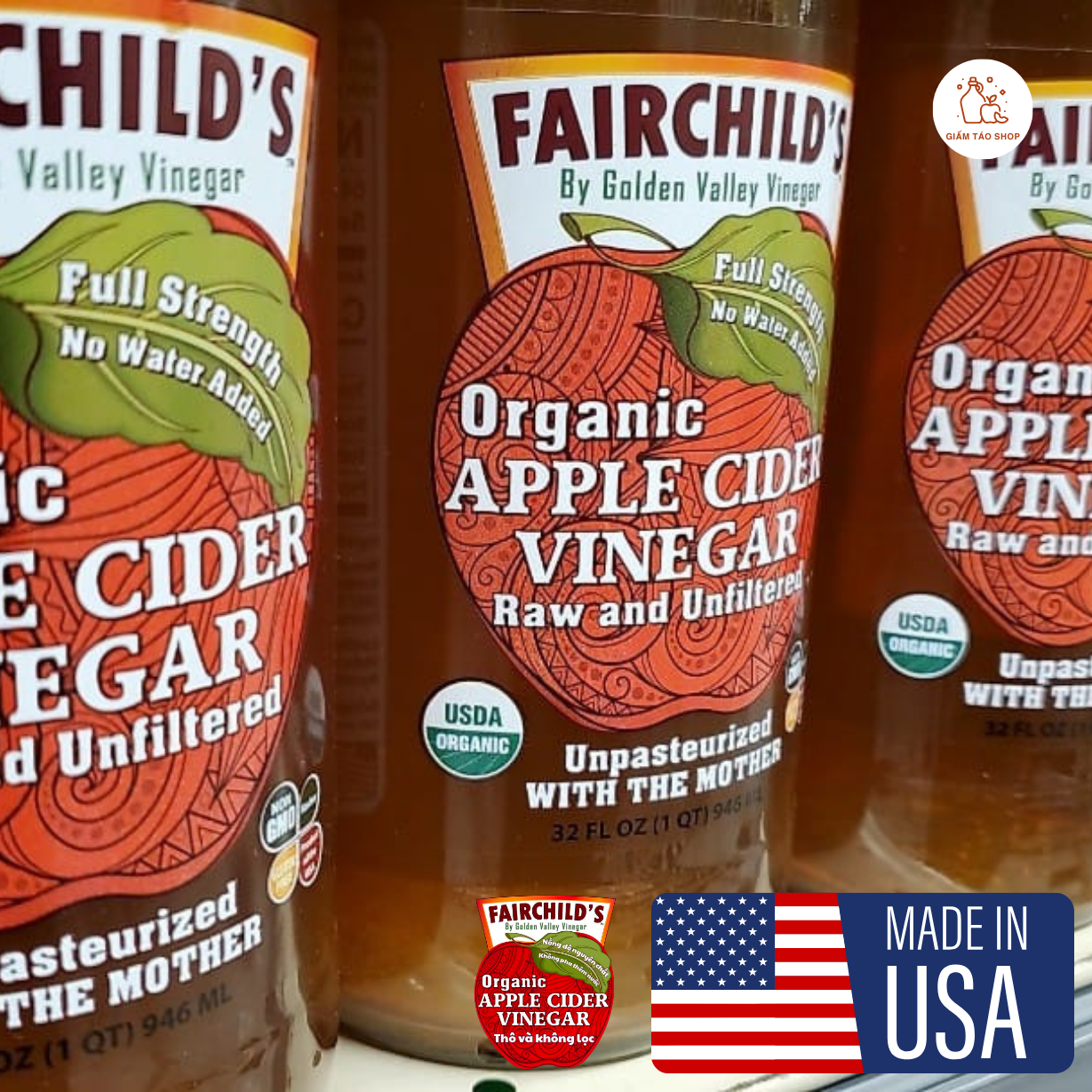 Giấm táo Hữu cơ Nguyên chất Không lọc FairChild's (Mỹ) dung tích 473ml
