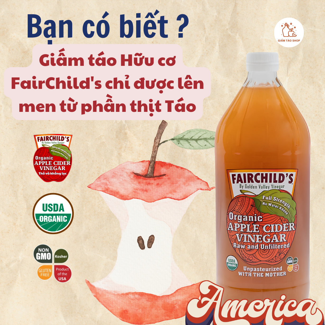 Giấm táo Hữu cơ Nguyên chất Không lọc FairChild's (Mỹ) dung tích 473ml
