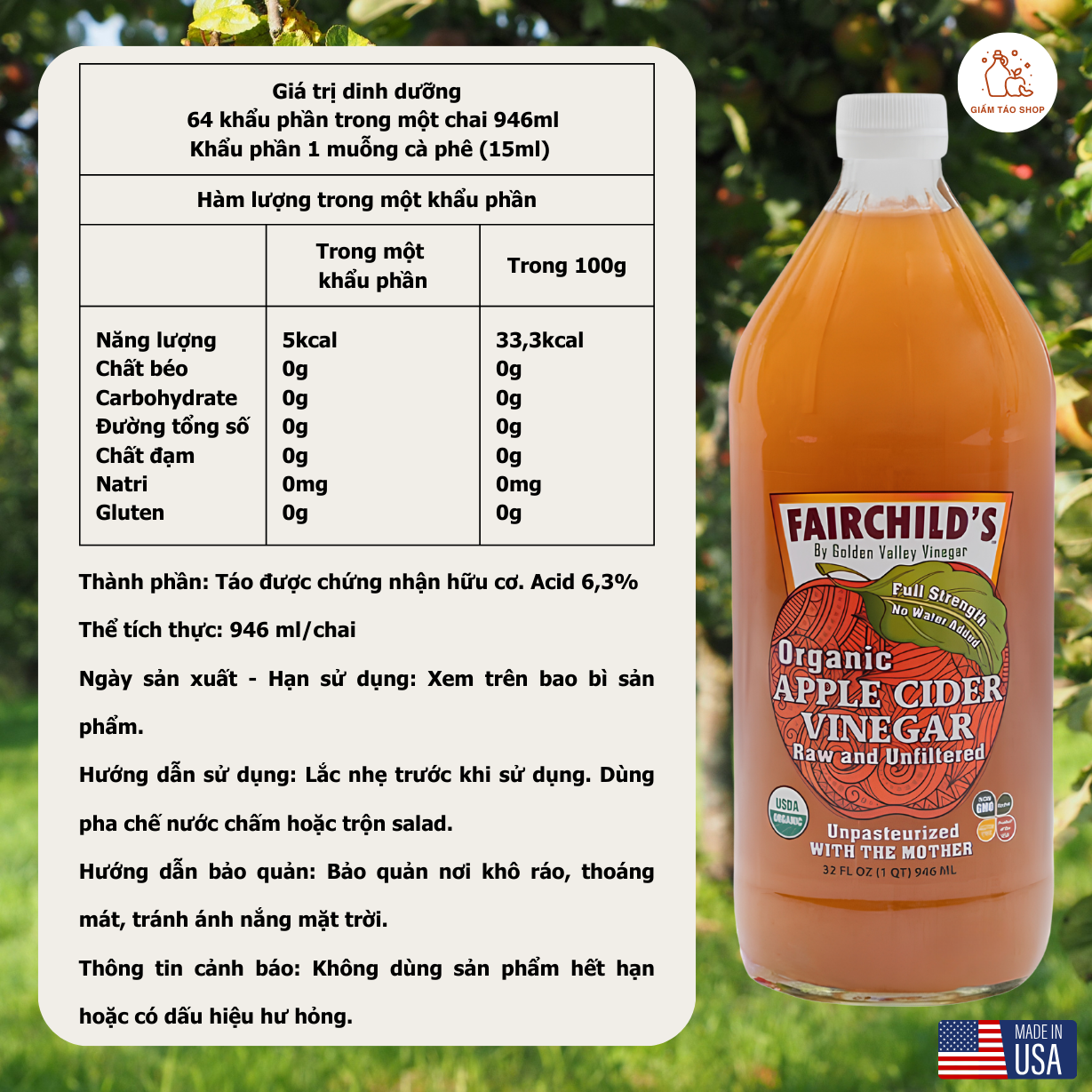 Giấm táo Hữu cơ Nguyên chất Không lọc FairChild's (Mỹ) dung tích 473ml