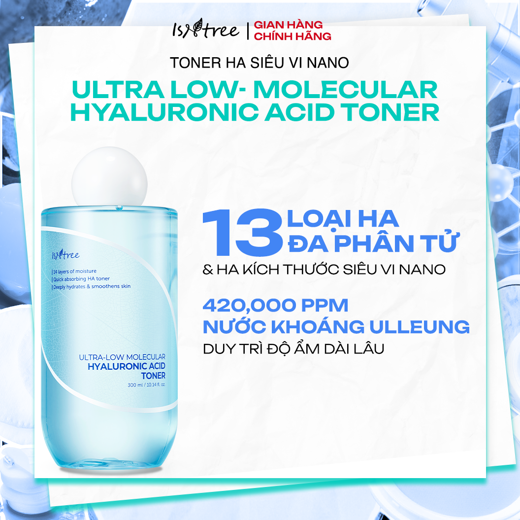 Toner HA siêu vi nano cấp ẩm chuyên sâu & căng bóng da Isntree Ultra-low Molecular HA Toner 300ml