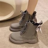 Giày boot nữ MWC - 9113 Giày Boot Nữ Cổ Cao Phối Dây Kéo,Đính Nơ Cách Điệu Boot Da Siêu Êm Chân Hot Trend