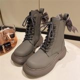 Giày boot nữ MWC - 9113 Giày Boot Nữ Cổ Cao Phối Dây Kéo,Đính Nơ Cách Điệu Boot Da Siêu Êm Chân Hot Trend