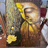 (Tranh Canvas) Tranh Phật nền vân gỗ cổ treo tường decor phòng thờ, bàn đạo trà tĩnh tâm