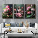 Bộ 3 tranh tráng gương cao cấp. Chủ đề Hoa Sen Phòng Khách Decor Phòng Treo Tường Đồng Decor Tường
