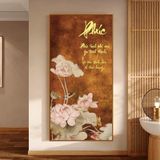 Tranh treo tường in vải canvas hoa sen thư pháp khổ dọc tông nâu 50 x 100 cm Phòng Khách Treo Phòng Decor Tường